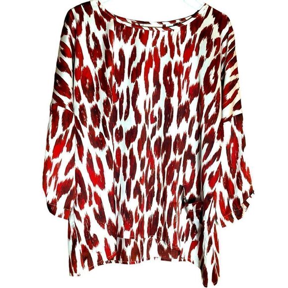 NWT Chico’s Trav Coll Ikat Animal Alice 3/4 Sleeve Scarlet Sun Top Size 2 📦 - Picture 7 of 8